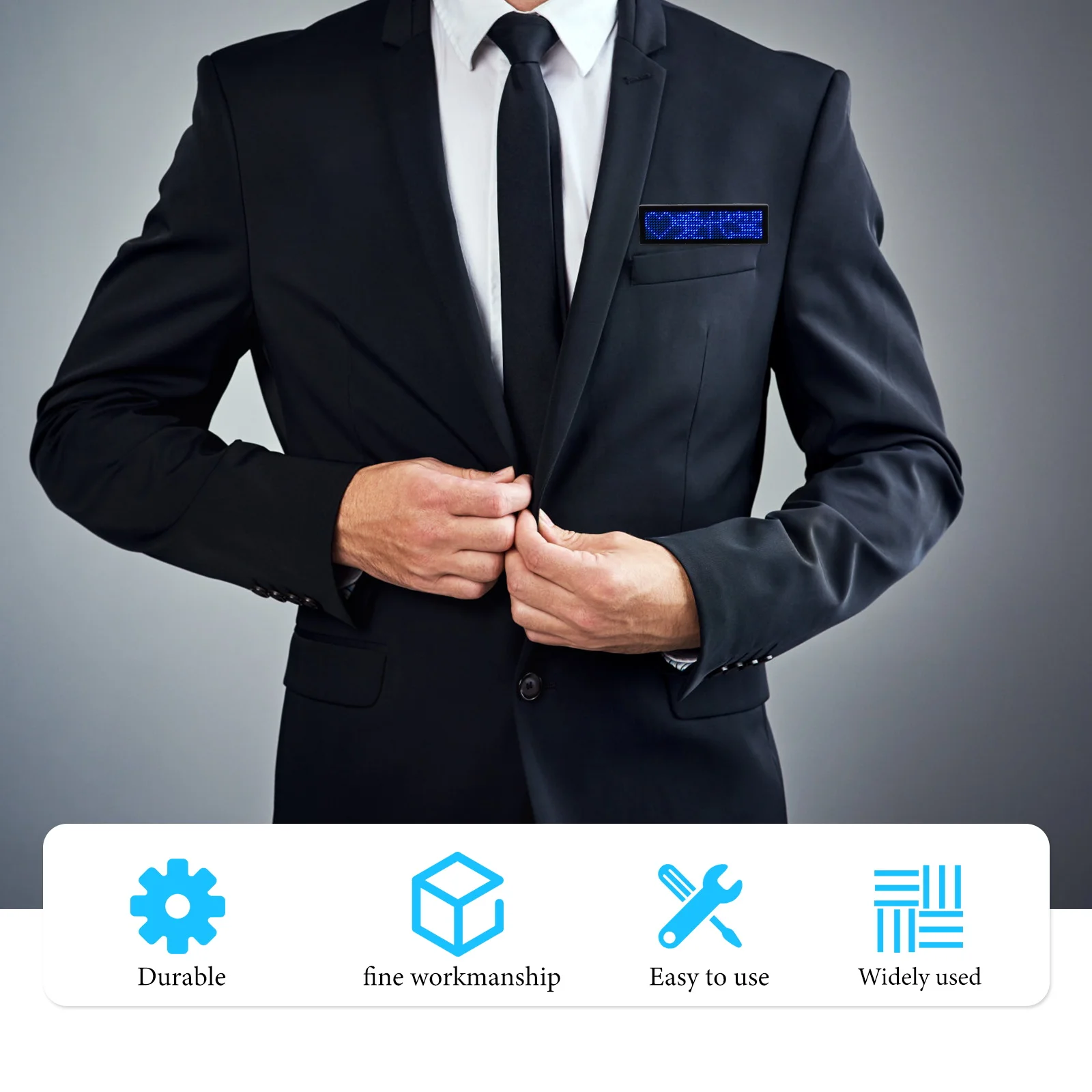 

LED Name Badge Blue Scrolling Message Programmable Digital Display Labels USB Rechargeable 300mAh Brightness Adjustable
