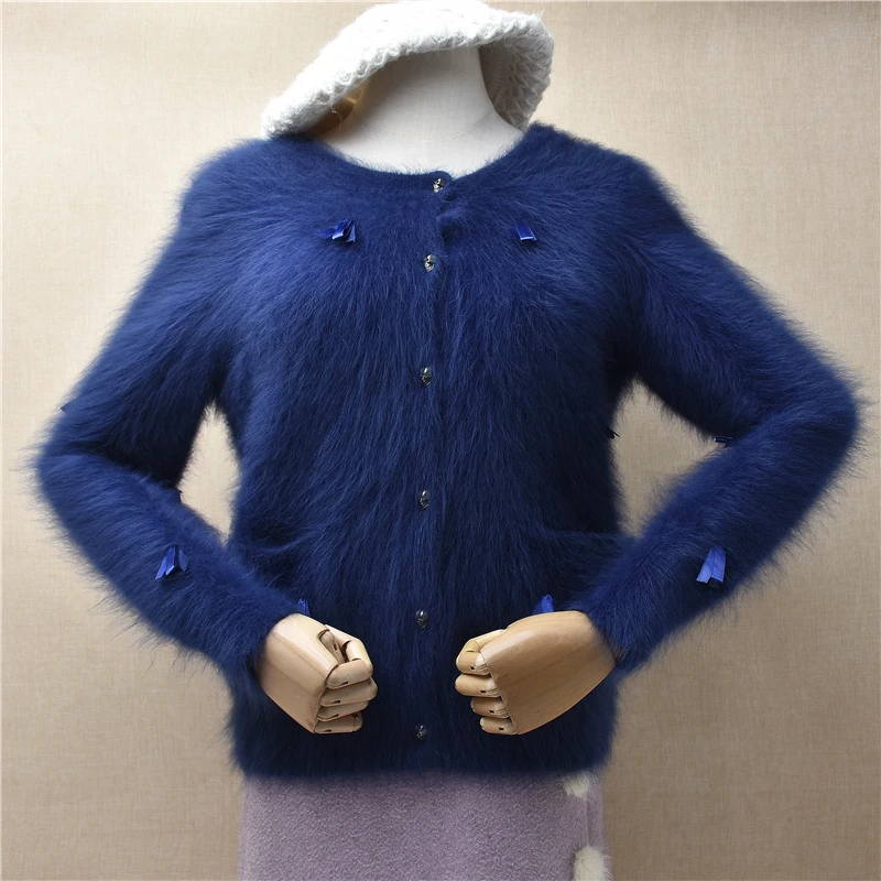 Cárdigans de punto para mujer, chaqueta de piel de Angora, suéter con lazo, peludo, Cachemira de visón, estilo corto, Delgado, moda de primavera y otoño