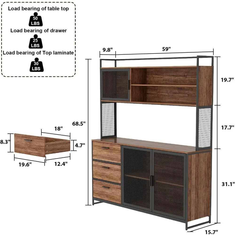 Large Kitchen Hutch Cabinet, Storage Cupboard Pantry with 3 Metal Doors, 3 Drawers & Microwave Shelf, for Kitchen Open Storage