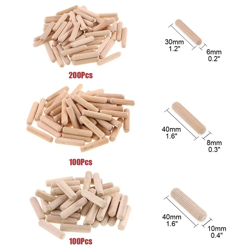 400Pcs Wooden Dowels Assorted, 6Mm 8Mm 10Mm Wood Plugs Dowel Rods, Woodwork Pins Tapered For Grooved Fluted, Carpentry