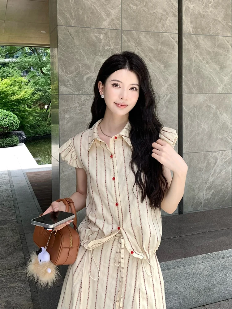 

KUN Miu Style Heavyweight Striped Shirt A-Line Skirt Two-Piece Set Women's Fashion Summer New Arrivals Cotton Blend