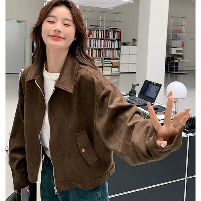 Spring Autumn Ladies Fashion Zipper Short Coat Retro Women Lmitation Suede Lined Outwear Feminine Long Sleeves Leisure Jacket