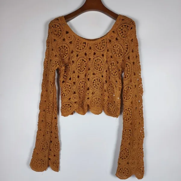 سترة كلاسيكية طويلة محبوكة من أور تي فيون مصنوعة يدويًا مفرغة من الكروشيه غير منتظمة على شكل قرد مستديرة رفيعة #3