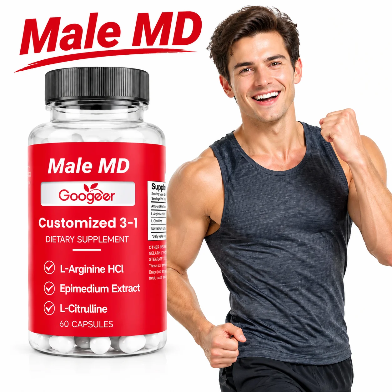 Male MD Capsules Blood Flow Male Performance Support Enhance Stamina L-Arginine HCl L-Citrulline Epimedium 60 Capsules for Men