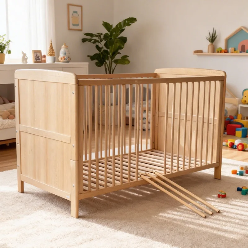 Adjustable Height Beech Wood Children Bed Toddler Cot Crib for Babies Aged 0-3