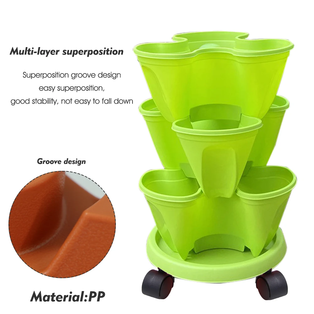 Stackable Vertical Flower Pot Plastic Multi-layer Garden Planter Tower with Movable Casters Strawberry Seedling Frame Decoration