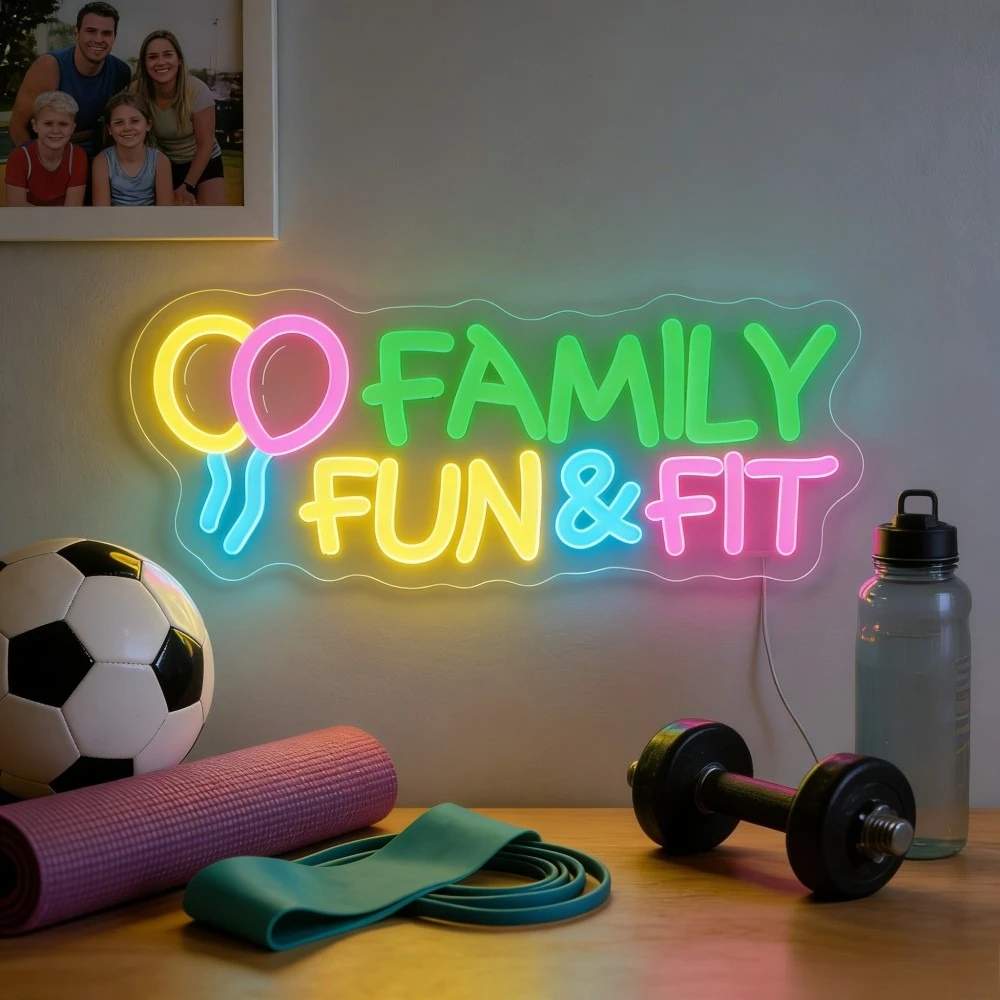 

Неоновая вывеска Family Fun & Fit с USB-питанием и регулировкой яркости, светодиодная неоновая вывеска для спортзала, спальни, клуба, бара, мужской комнаты, подарки для вечеринок, декор для стен