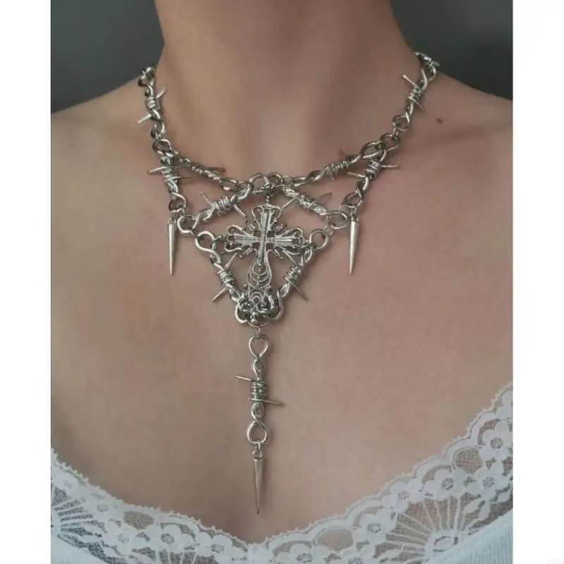 N5KA Fashion Punk Necklace Hip Hop Crucifix Pendant Clavicle Chain Barbed Wire Safty Spur Choker Necklace Jewelry Gift Women