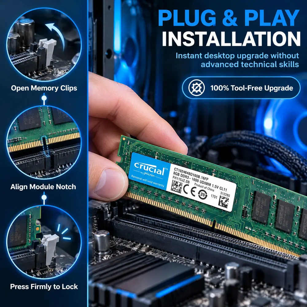 Crucial DDR4 DDR3 Desktop RAM 8GB 3200 2666 2400 2133 1600 1333MHz PC3-12800 10600 PC4-19200 25600 DIMM Memory Non-ECC PC RAMs