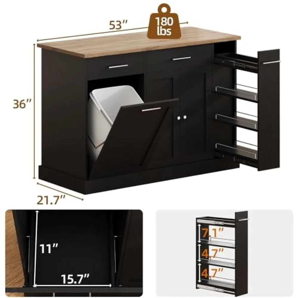 53 Inch Kitchen Island with Trash Can Storage Rolling Island Table Black