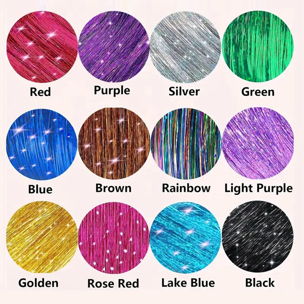 Glitter Sparkling Shiny Braiding Hair Strands Kit 12 Colors With 100Pcs Micro Silicone Rings Bead Device Tool Kits For Women