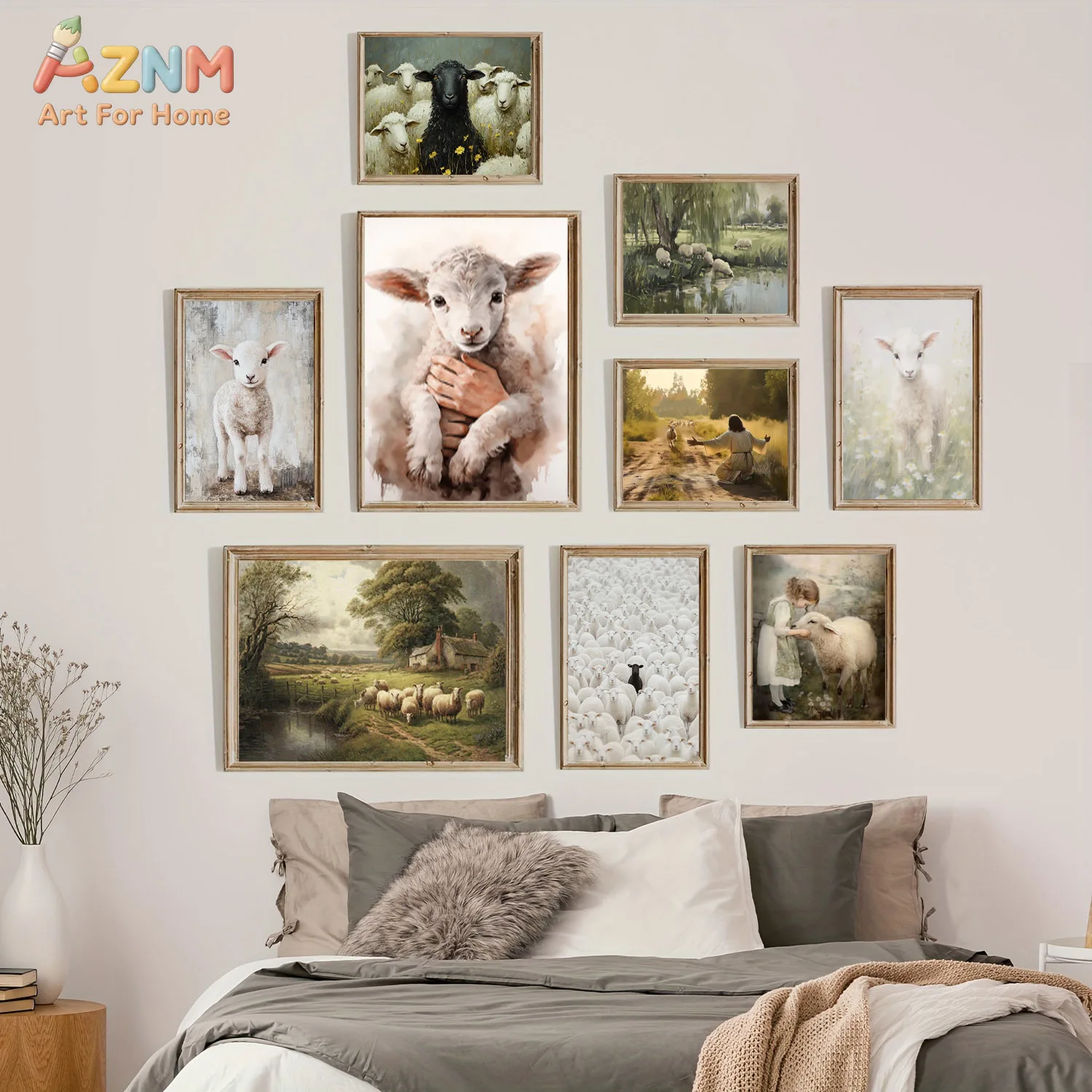 AZNM Vintage Watercolor Sheep Lamb Canvas Wall Art Countryside Farm Pastoral Landscape Unframed Print For Cottage Bedroom Farmho
