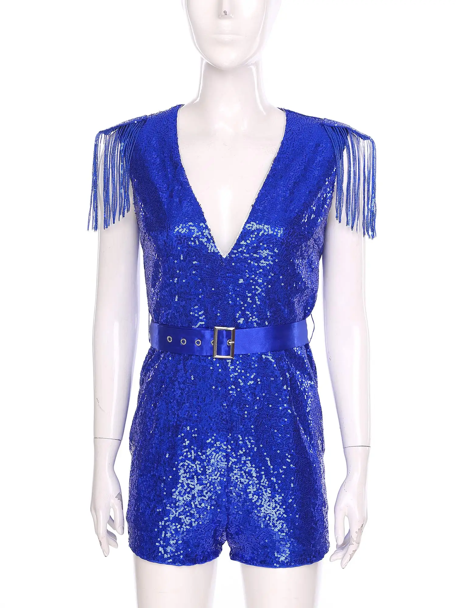 Barboteuse à franges à paillettes brillantes pour femmes, combinaison sans manches, col en V profond, longueur aux cuisses, avec ceinture réglable, pour Banquet, fête de mariage