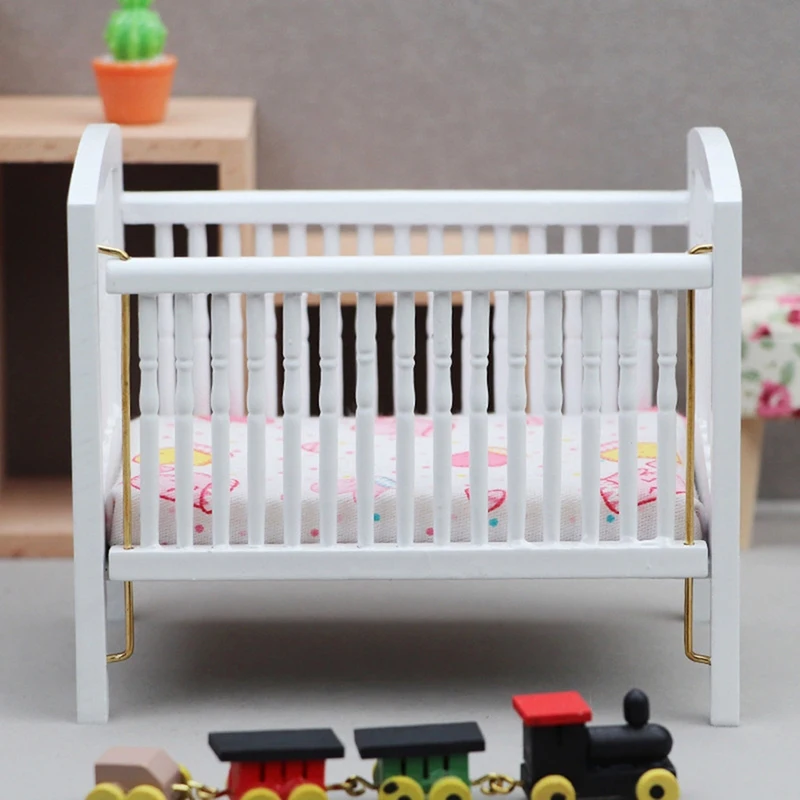 1:12 Dollhouse Miniature Bed Baby Crib White Baby Bed Furniture Bedroom Model Decor Toy Doll House Accessories