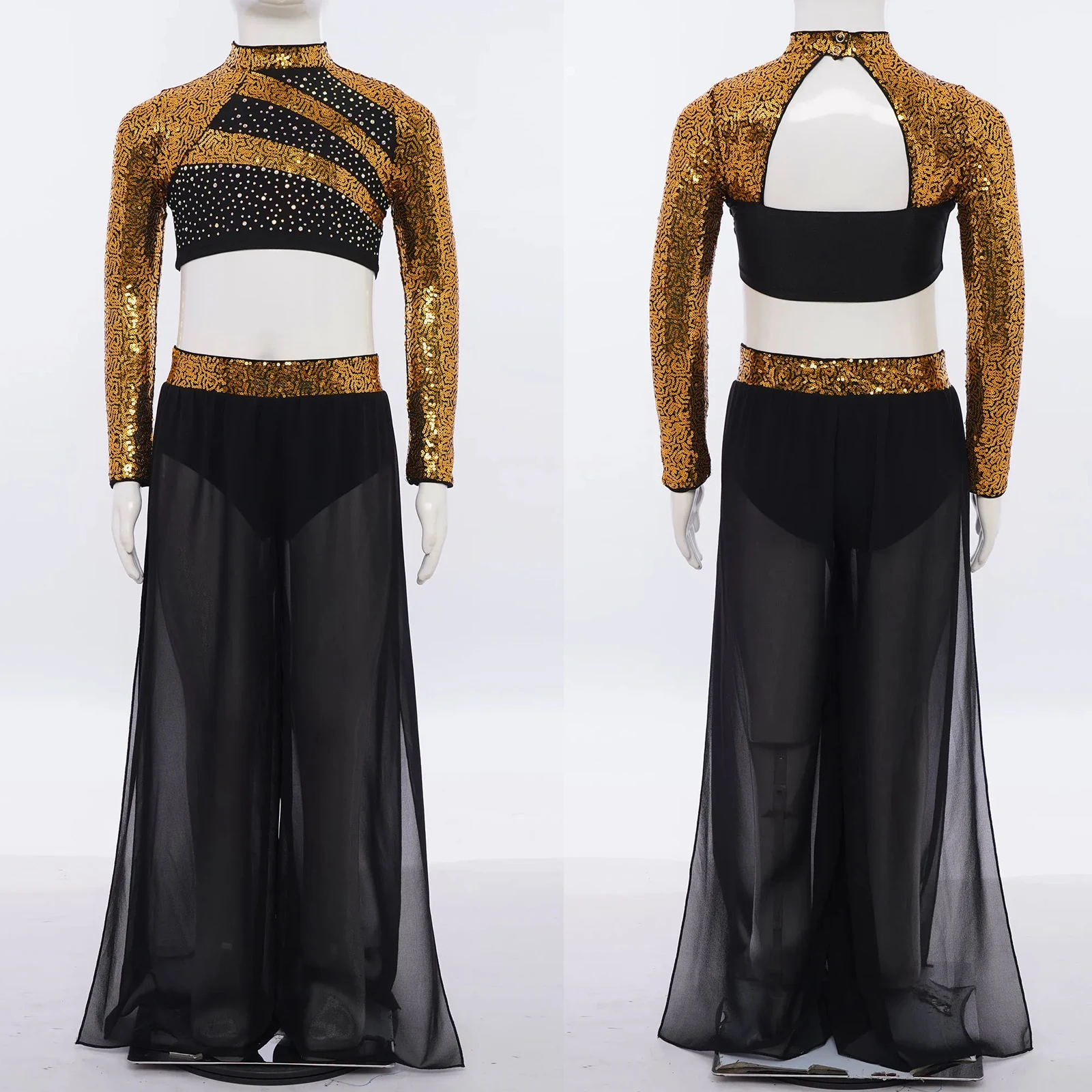 Modern Dance Crop Top with Chiffon Overlay Wide-Leg Side Slit Pants for Girls Kids Lyrical Ballet Dancer Performance Outfits
