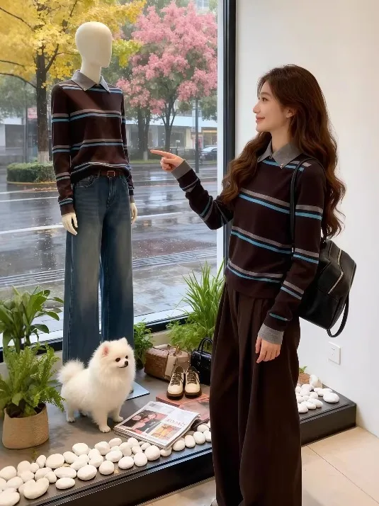 

Вязаный свитер в полоску с воротником, базовый топ для женщин больших размеров, осенне-зимний, модный, в корейском стиле, дышащий