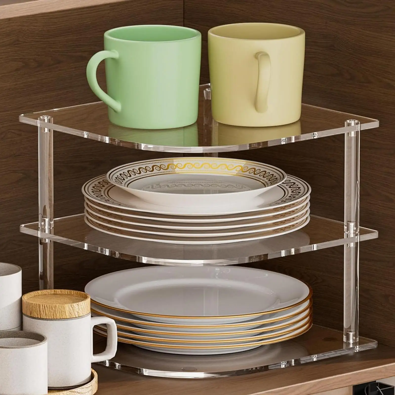 

3 Tier Acrylic Corner Shelf Clear Plate Rack for Bathroom Countertop Kitchen