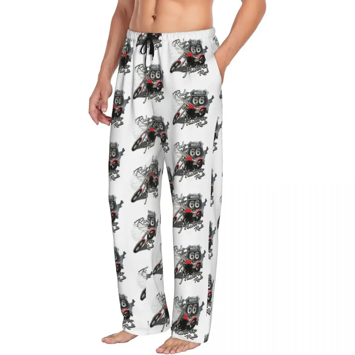 Custom US 66 Biker Pajama Pants for Men Routes 66 America Highway Motorcycle Lounge Sleep Drawstring Sleepwear Bottoms  Pockets