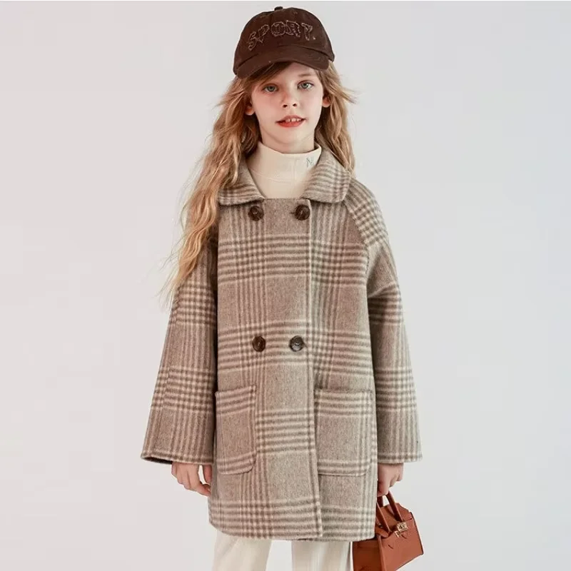Girls Winter Coat New Fashion Children's Double-Sided Wool Plaid Trench Coat Mid-Long Blazer Collar Outerwear 100-170CM