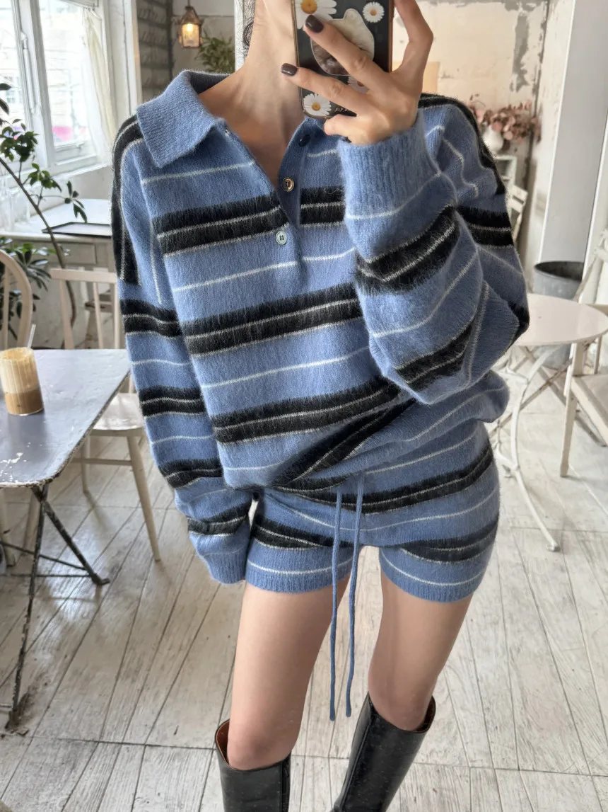 Pantaloncini lavorati a maglia in due pezzi autunno inverno da donna Set maglione ampio a maniche lunghe con colletto rovesciato + maglione con coulisse in vita