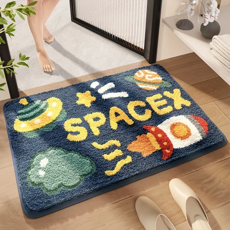 Bath Rug Cartoon Planet Plush Toilet Door Non Slip Mat Home Bathroom Floor Mat Strong Absorbent Quick Drying Foot Mat Shower