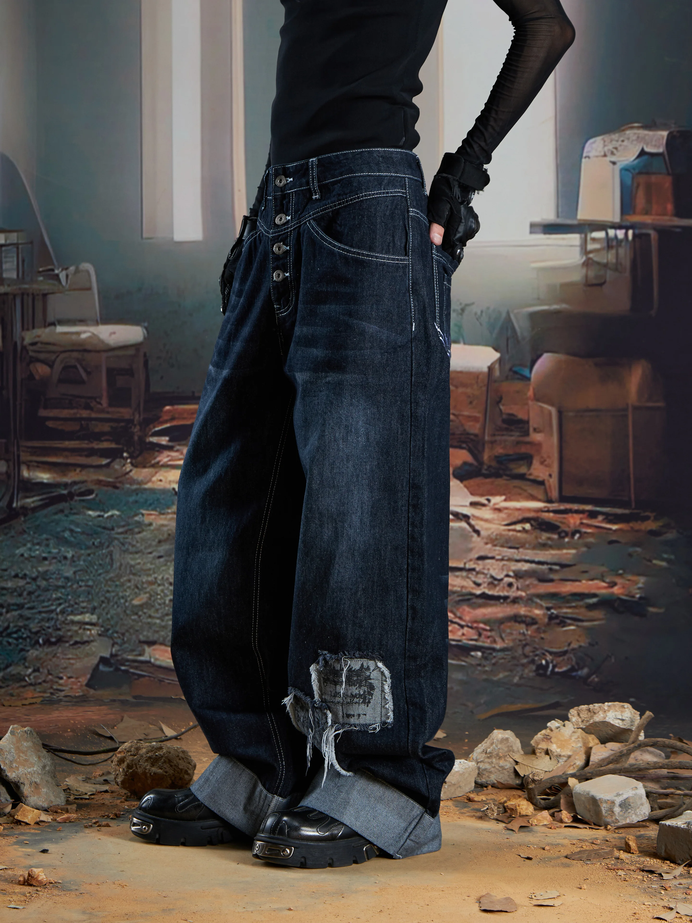 Special-Interest Design Patch Stitching Damage Multi-Button Jeans Loose Straight Trousers Men and Women