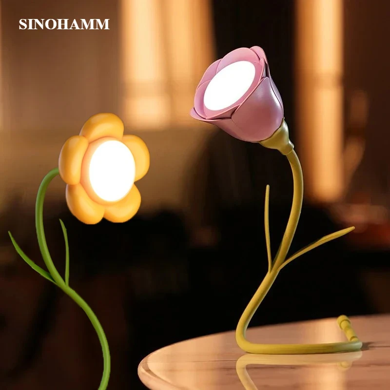 

Floral Table Lamp Rechargeable 360 Degree Folding Gooseneck Novalty Rose Sunflower Dimmable Night Light Portable Gift for Girls