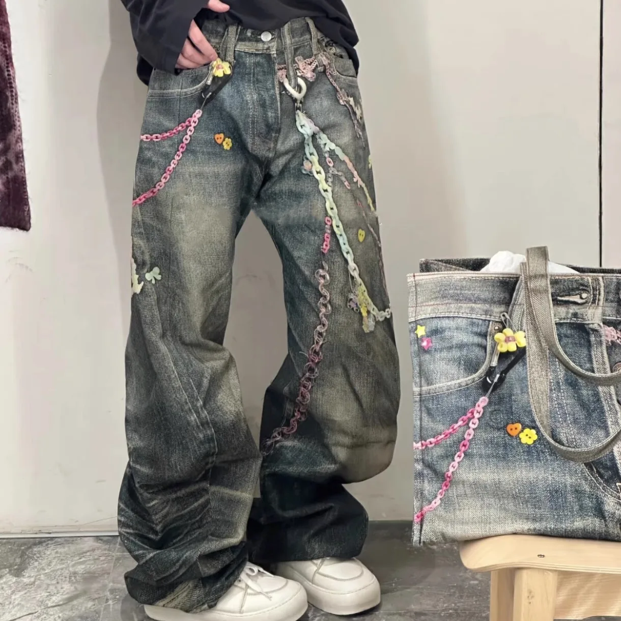 American Retro 3D Dopamine Candy Chain Print Men Women Curved Jeans High Waist Loose Straight Washed Denim Long Pants