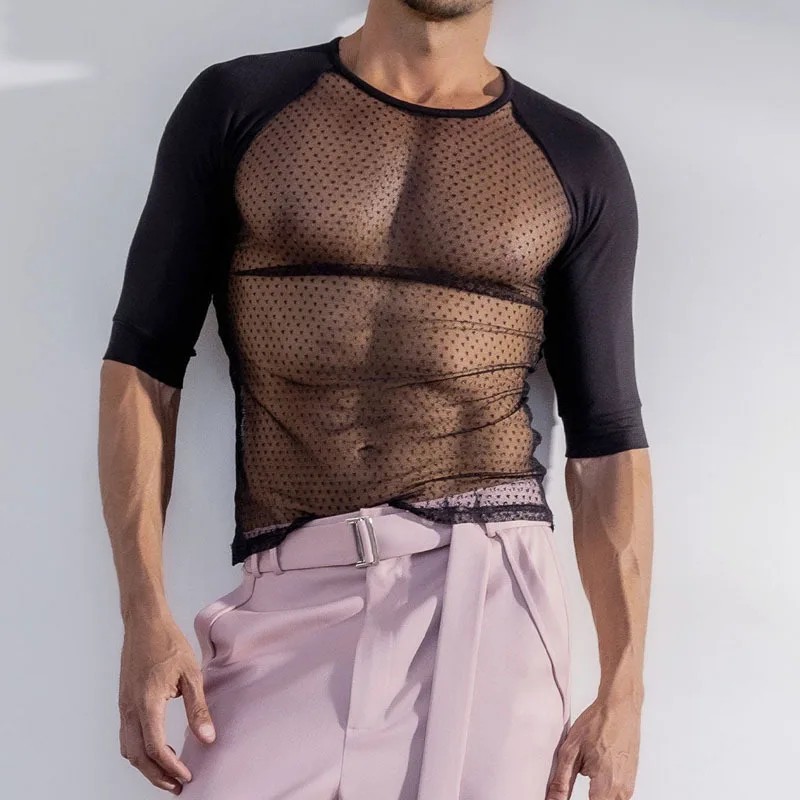 New Transparent T-shirt Slim-fitting Sexy Bottoming Shirt Fashionable Men Hollow Woven Black Top