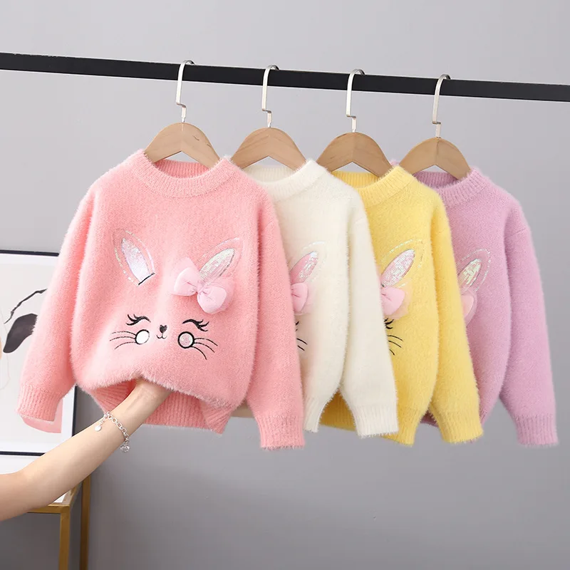 

Girls Sweaters Baby Clothes Soft Smooth Flocking Pullover Bunny Bowtie Winter New Rabbit Children Knitted Sweater Child FY10201