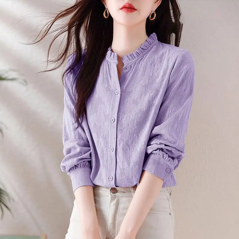 Autumn Winter New Fashion Standing Neck Long Sleeved Blouse Casual Versatile Western Solid Color Loose Clothing Women\'s Shirts