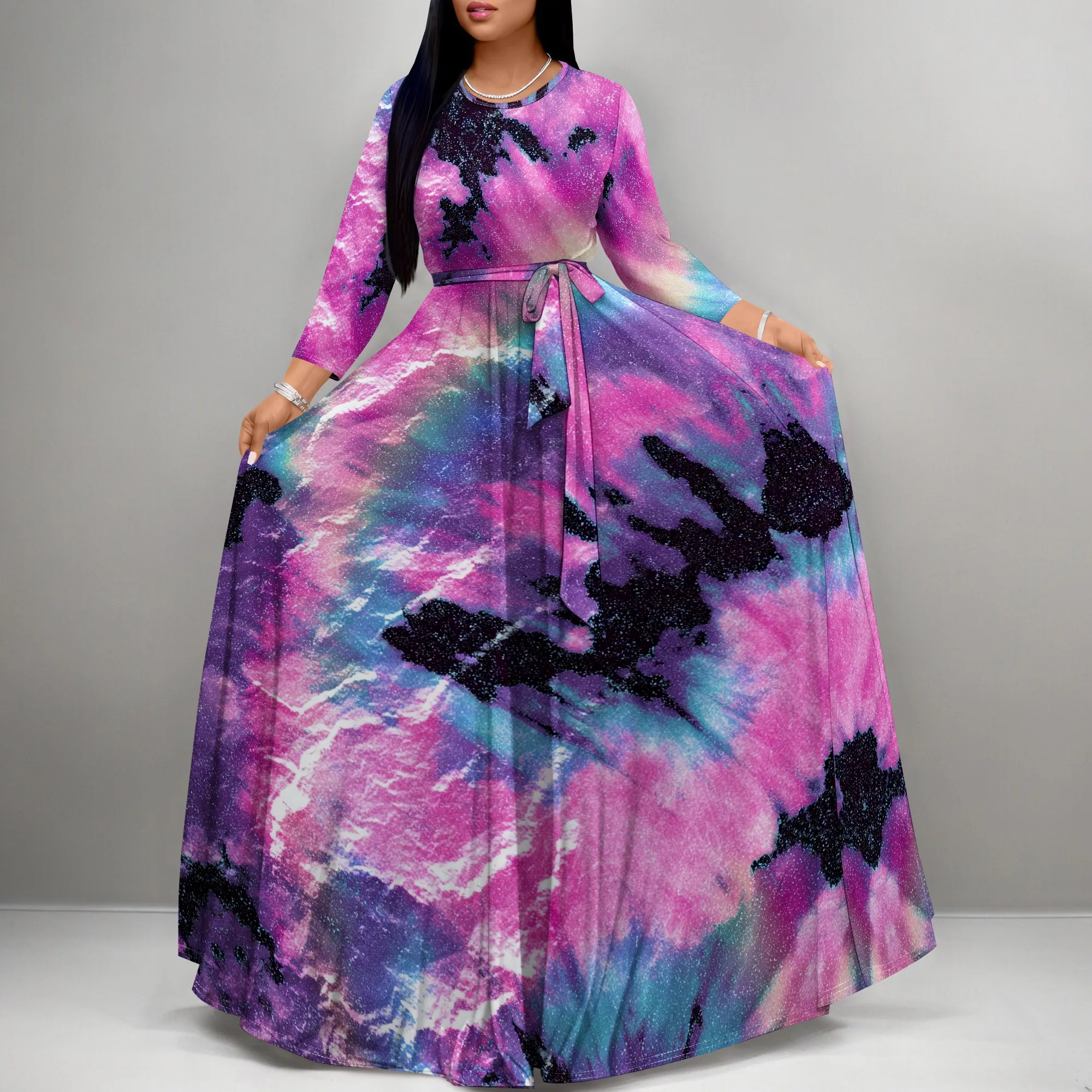 

Nupusa Pink Purple Tie Dye Print Dress for Women Regular Size Casual Round Neck 3/4 Sleeve Belted Maxi Dress