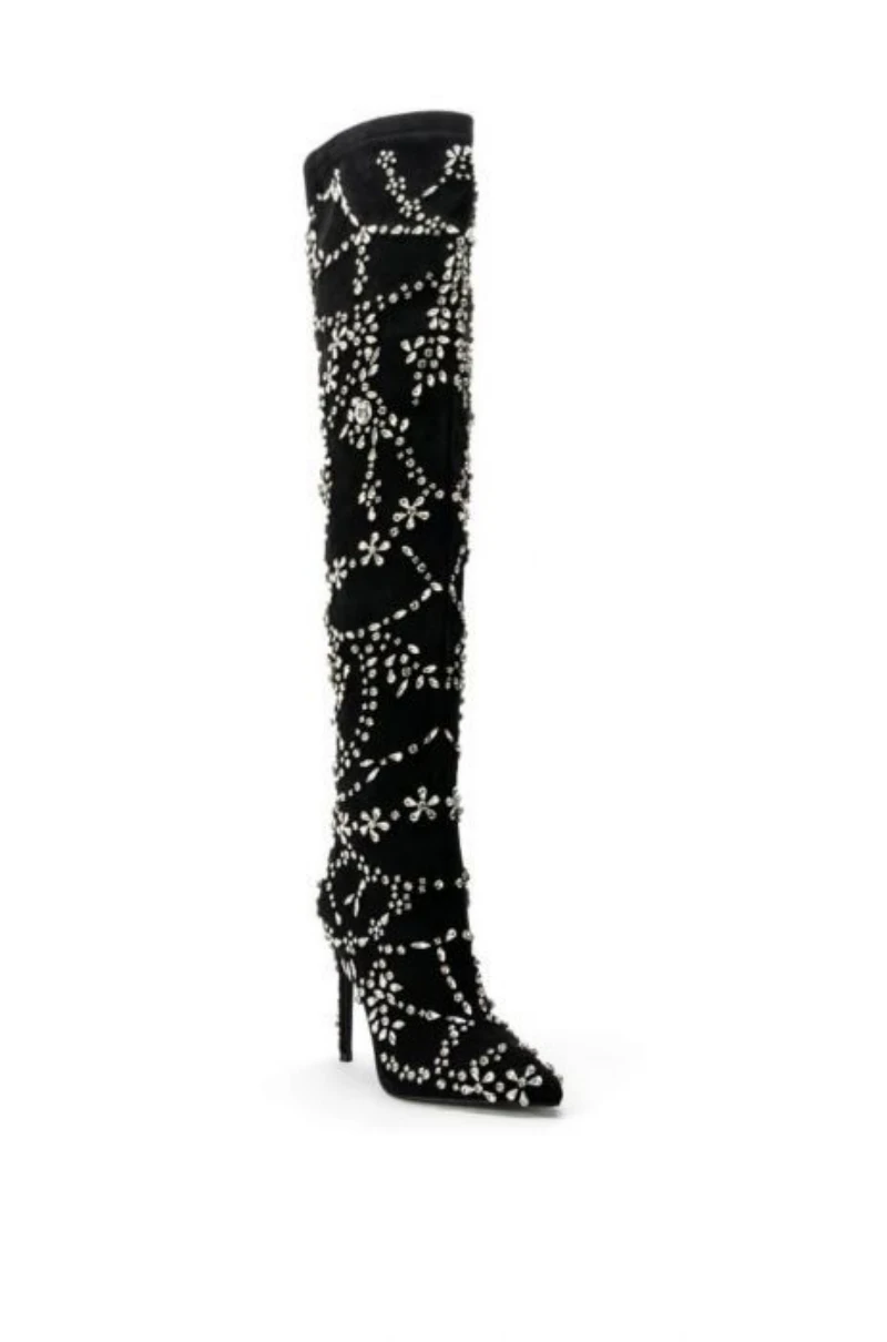 Luxury Crystal Embellished Black Stiletto High Heels Over knee Elasticity Boots Women Pointed Toe Side Zipper Dress Stage Shoes