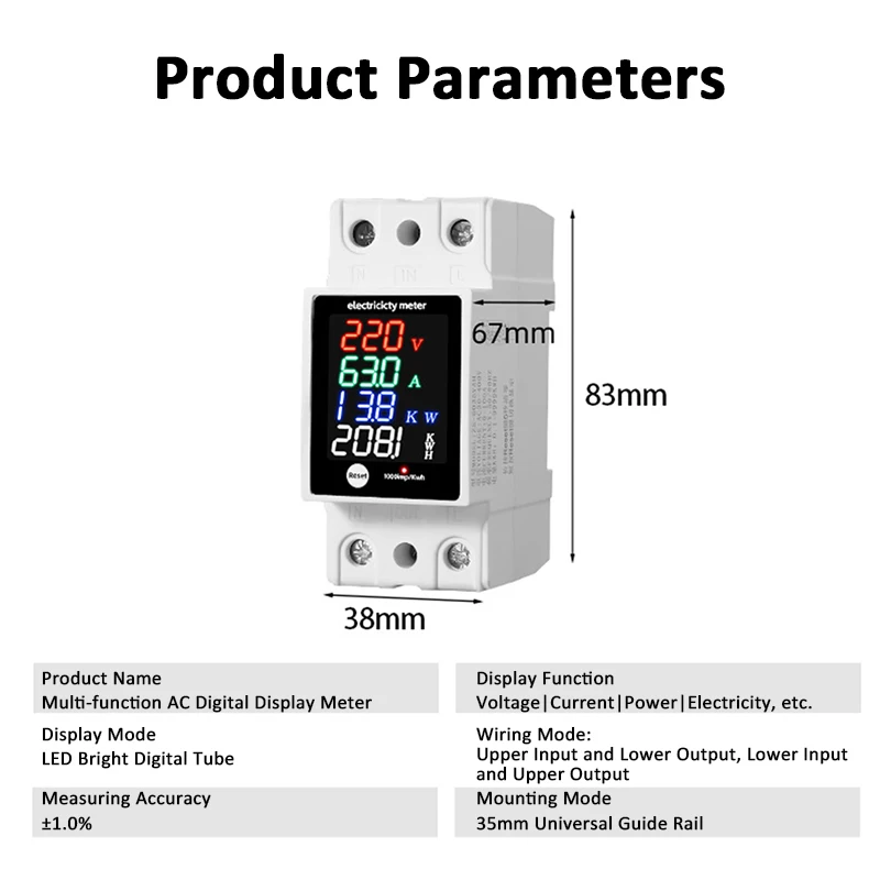 Digital Energy Meter Din Rail Electricity Usage Monitor AC30-400V Voltmeter Ammeter Watt Kwh Frequency Power Meter