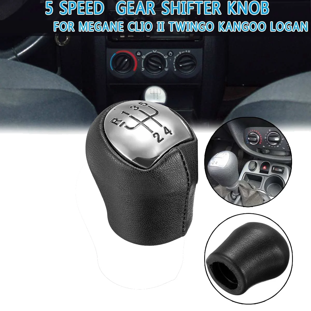 5 Speed Chrome Leather Car Gear Shift Knob Shifter Lever for Renault Clio Espace Kangoo Express Laguna Megane Cabriolet