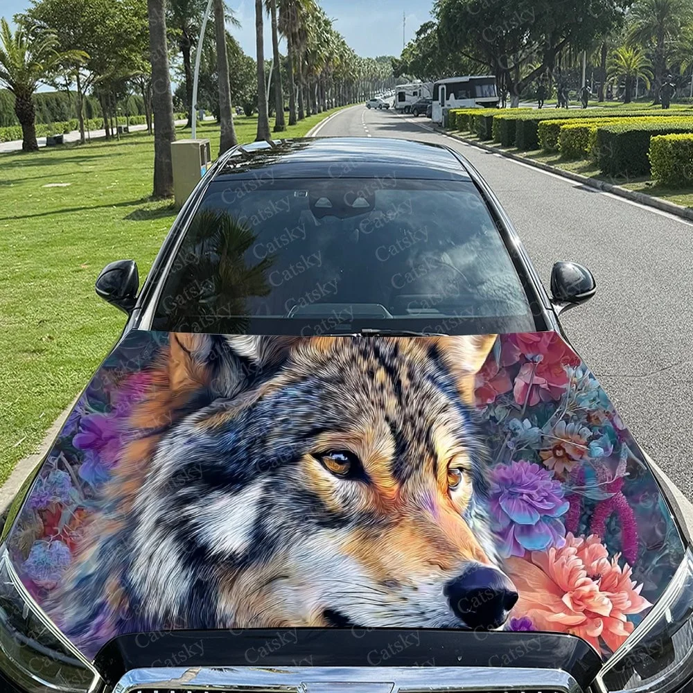 Wolf Flowers Car Hood Sticker PVC Self Waterproof Stick, Striking Auto Exterior Accessories Decor Protect Gift for Car Lover