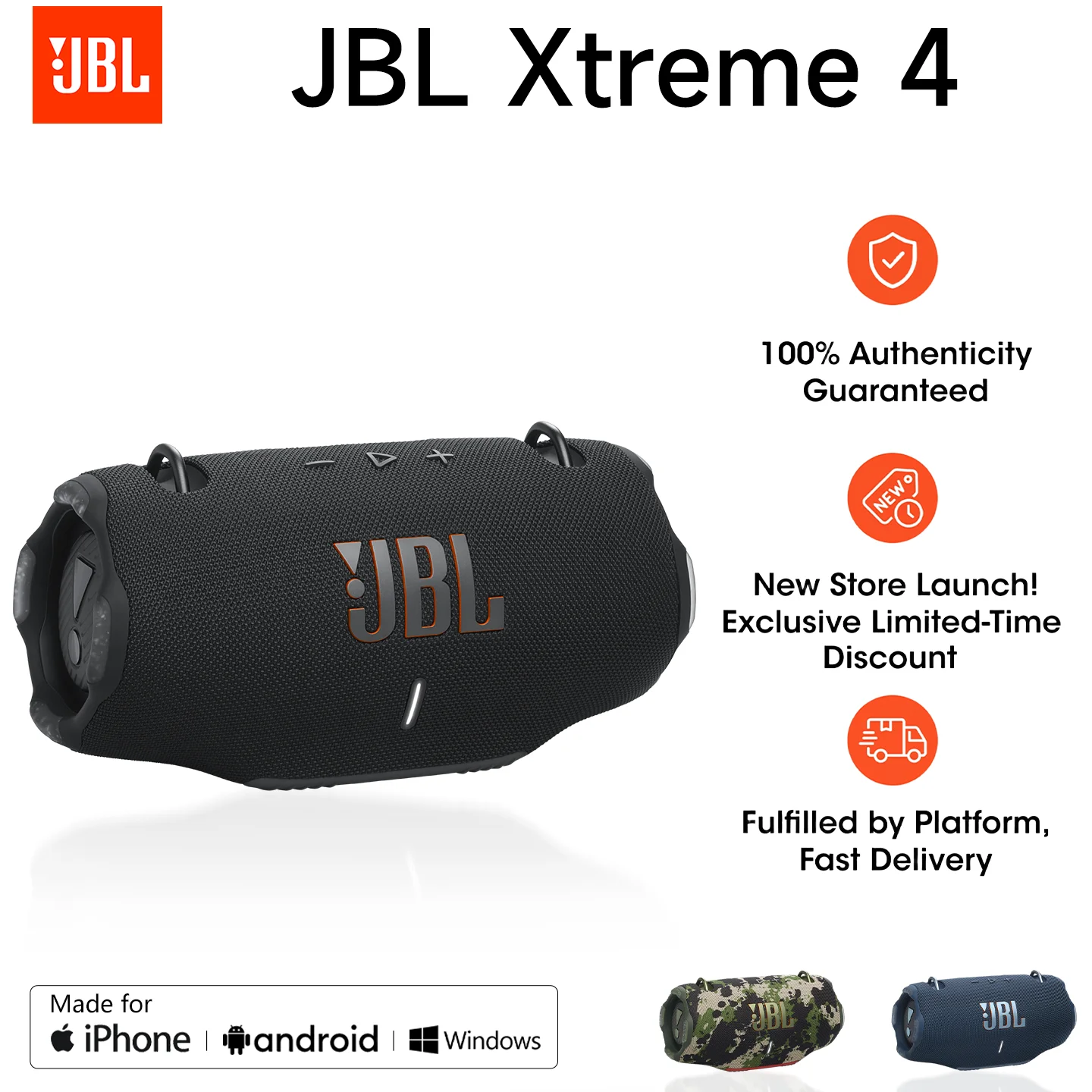 JBL Xtreme 4 Outdoor Camping Audio |   100W high power output + AI noise cancellation function |   IP67 rated waterproof and dustproof |   Auracast supports multi-device connection |   Can be charged urgently with a portable charger. |   Essential item for beach/yard parties