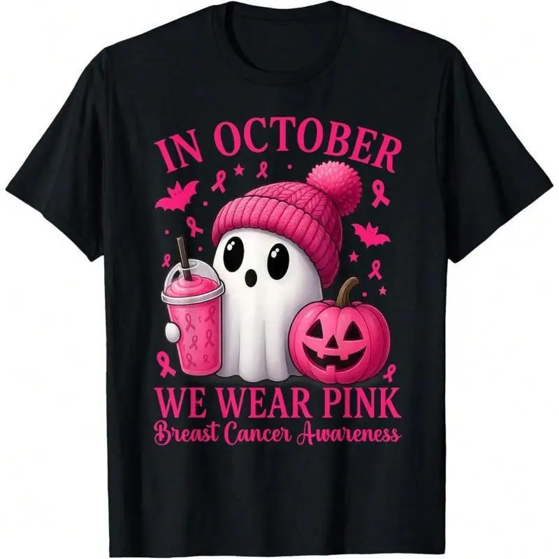 

[100% Cotton] Breast Cancer Halloween Tshirt - "In October We Wear Pink Breast" Cancer Awaveness Tee, Cute Ghost With Pumpking