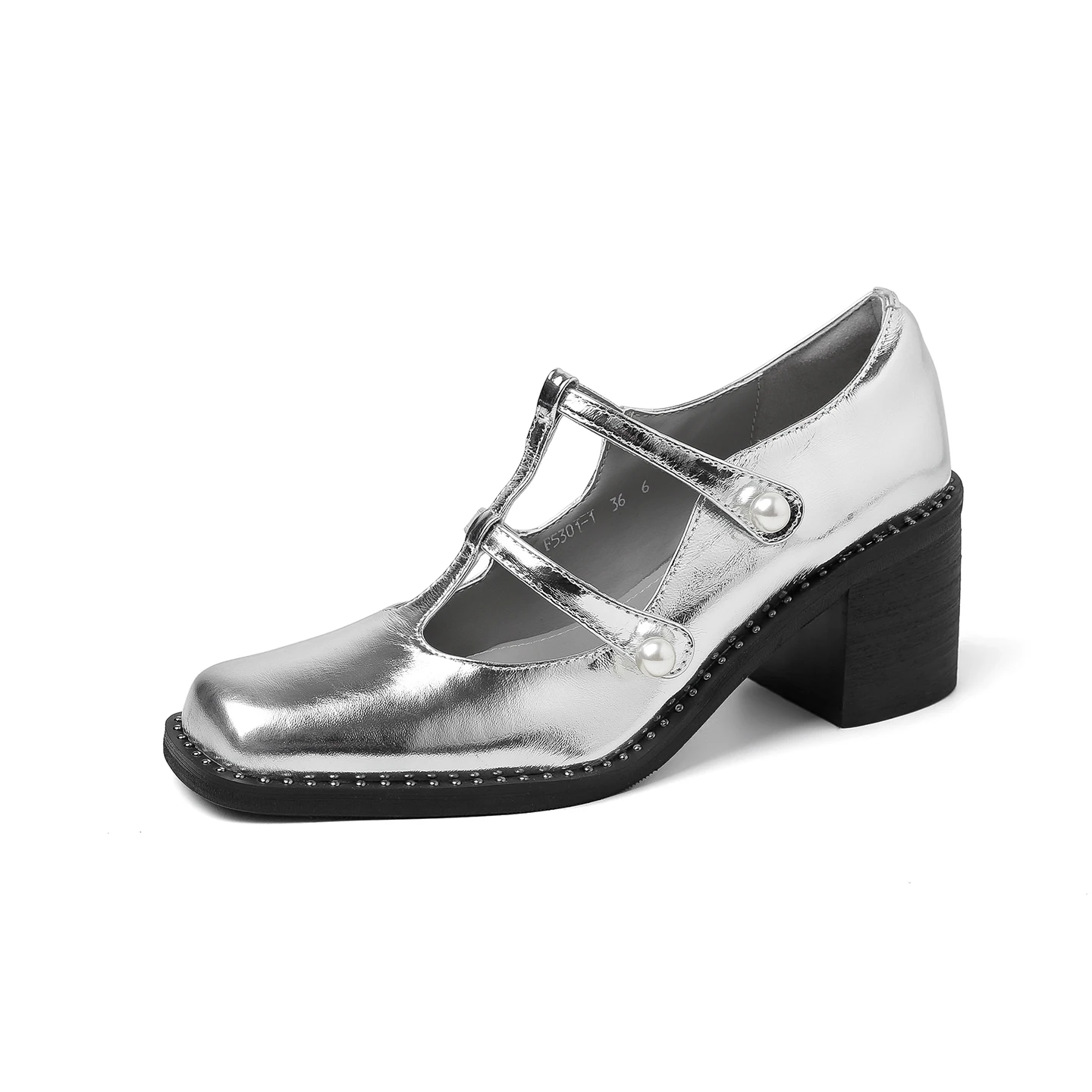 

Genuine Leather Cowhide Rivet Mary Janes Shoes,Silver High Heels Square Toe Premium Large Size Womens Shoes