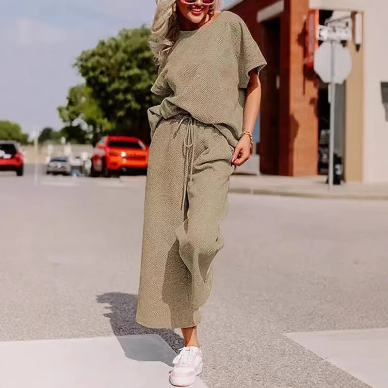 2025, neue modische Rundhals-Top + Hose mit weitem Bein, zweiteilige Sets für Damen, Sommer, lässig, lockeres Hemd und Hose, Set für Damen