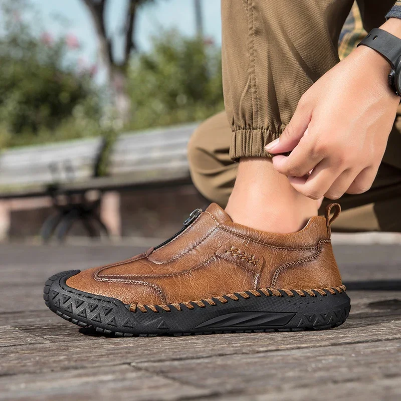 خمر نمط جودة انقسام أحذية من الجلد الرجال حذاء كاجوال اليدوية المتسكعون مريحة رجالي حذاء للسير مسافات طويلة الانزلاق على الأخفاف المسطحة #5