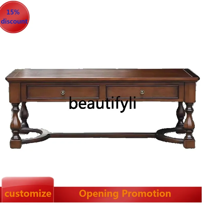 

American rural solid wood carved rectangular living room coffee table French simple household tea table G1218