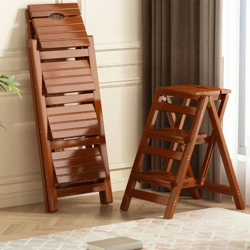 

Pine Step Stools Multifunctional Household Folding Ladder Indoor Outdoor Use Living Room Walnut Color Climbing Aid