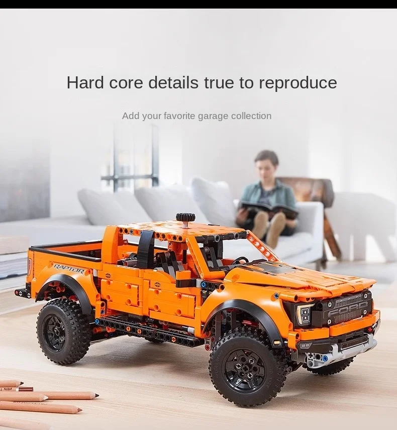 شاحنة صغيرة سباق اللبنات البرتقالية فورد رابتور F150 على الطرق الوعرة شاحنة صغيرة تجميعها اللبنات نموذج اللعب الذكور هدية