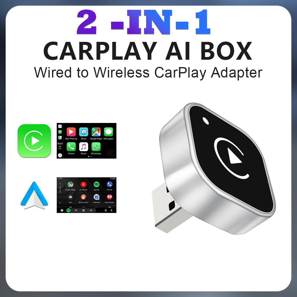 Kotak AI Carplay Nirkabel 2 Dalam 1 Berkabel Ke Nirkabel Android Adaptor Mini Carpay Otomatis Bluetooth untuk Radio Mobil dengan Kotak Carplay Berkabel