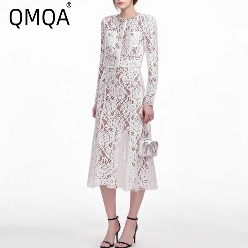 

QMQA модный женский элегантный кружевной комплект с круглым вырезом, кардиган с длинными рукавами и бисером, топ и юбка, комплекты 2026, женская одежда, новинка QM1039