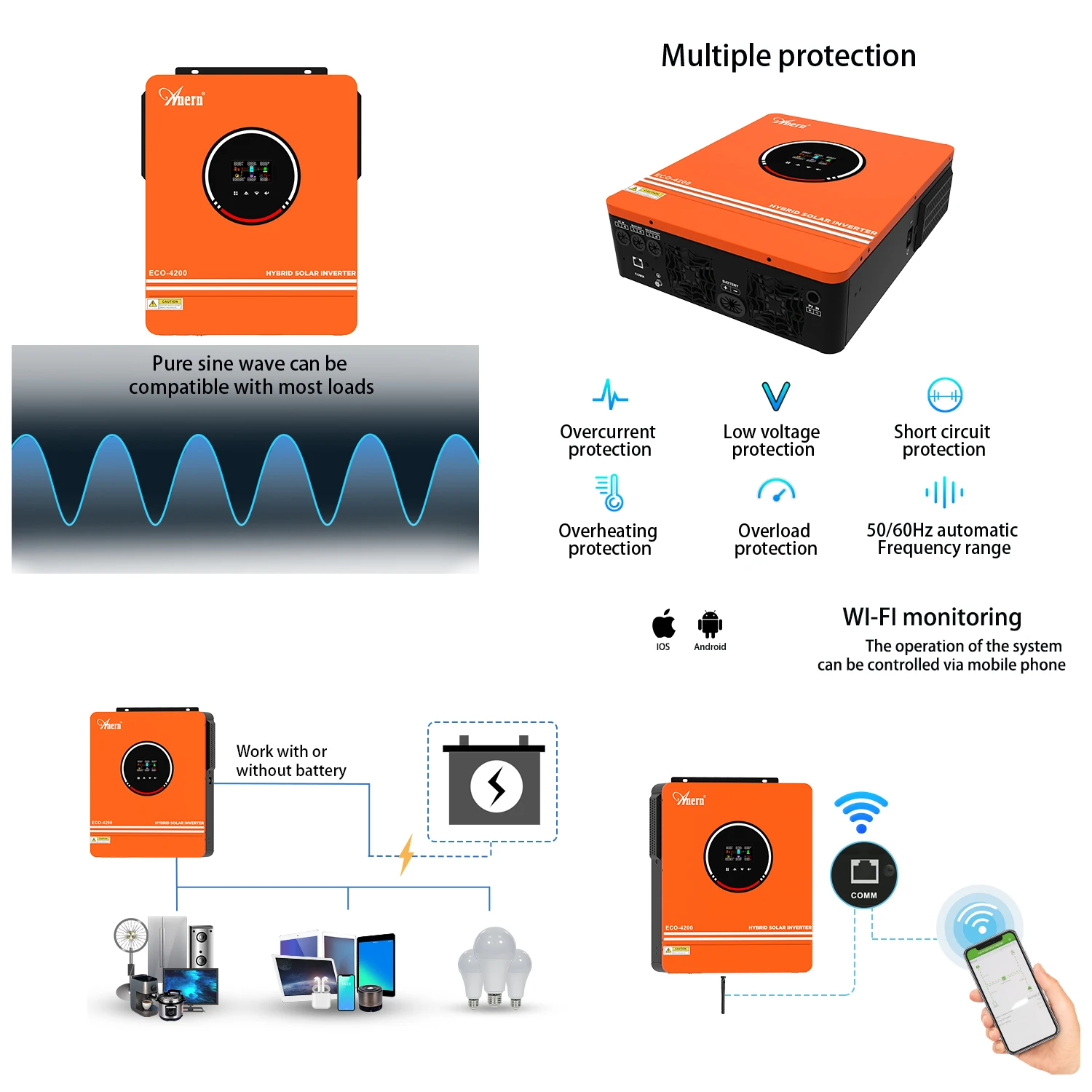 Anern 4200W 6200W 10200W 24V 48V Photovoltaic Hybrid Inverter Solar 10.2KW Dual Output MPPT 120A 160A Hybrid Inverter Off Grid