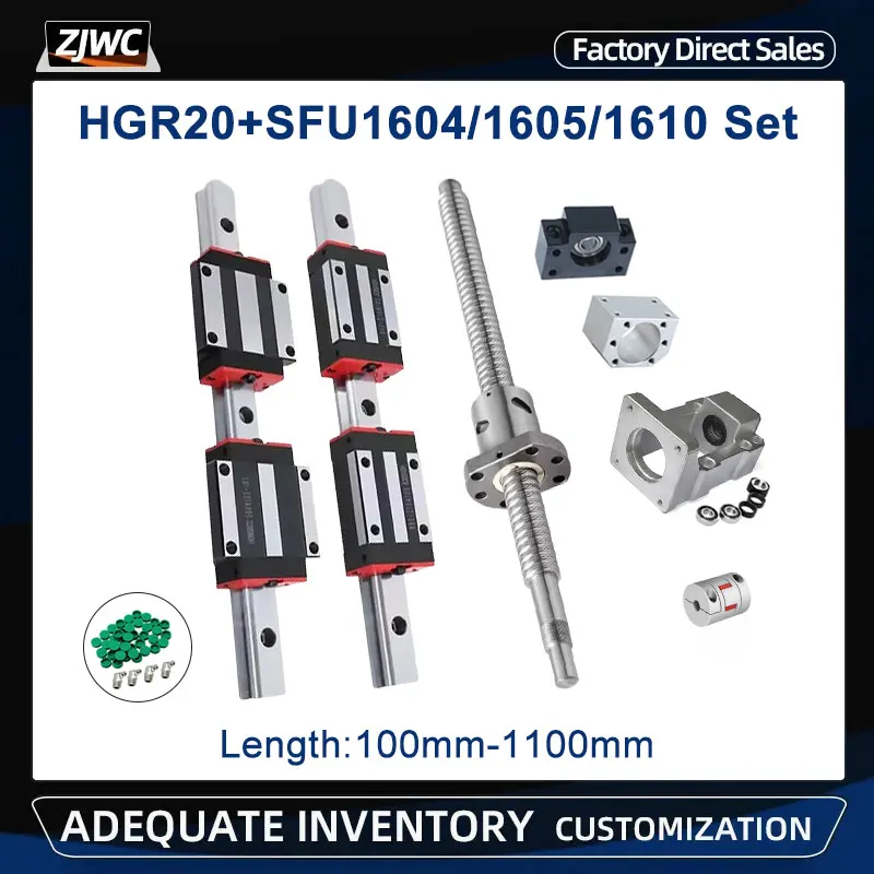 

2PCS HGR20 Linear Guides Rail+4PCS HGH20CA Sliders Carriage+1PC SFU1605/1604 Ball Screw+End Support+Coupling+Nut Housing CNC Set