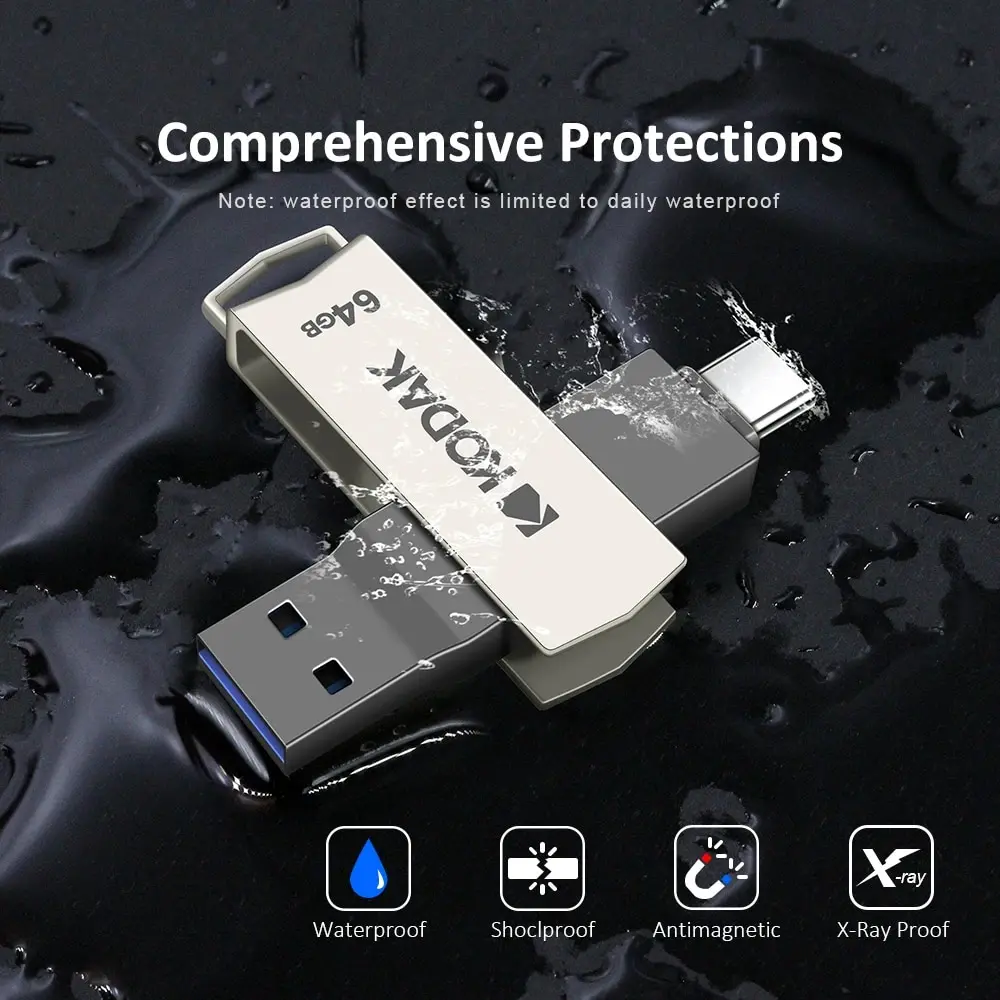 Kodak USB3.2 Тип C Металлический USB-накопитель 32 ГБ 64 ГБ 128 ГБ 256 ГБ Двойной вращающийся креативный U-диск для компьютера, мобильного телефона, ноутбука