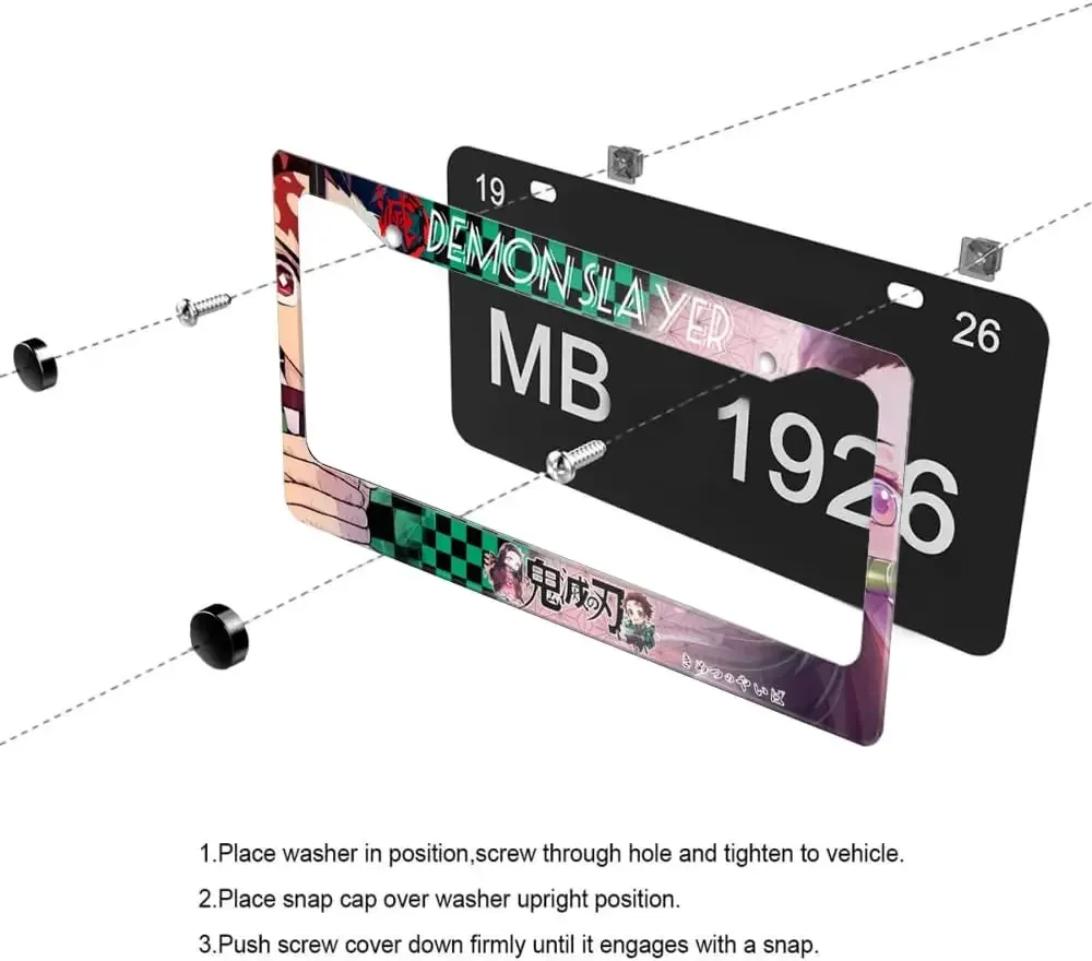 أنيمي شيطان القاتل إطار لوحة الرخصة 2 حزمة حامل لوحة ترخيص السيارة مع 2 ثقوب إطار علامة السيارة للنساء الرجال المركبات الأمريكية